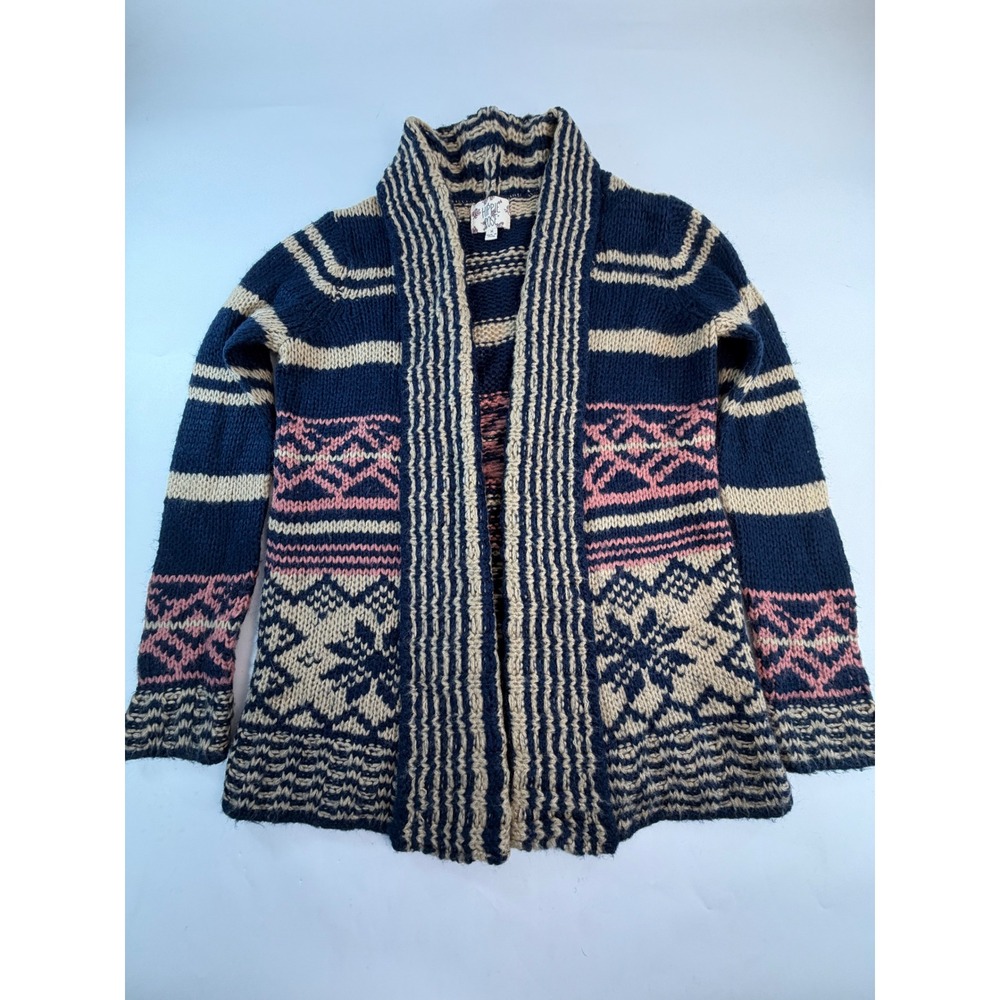Hippie Rose Navy Blue Pink Southwestern Fair Isle Open Front Cardigan Medium